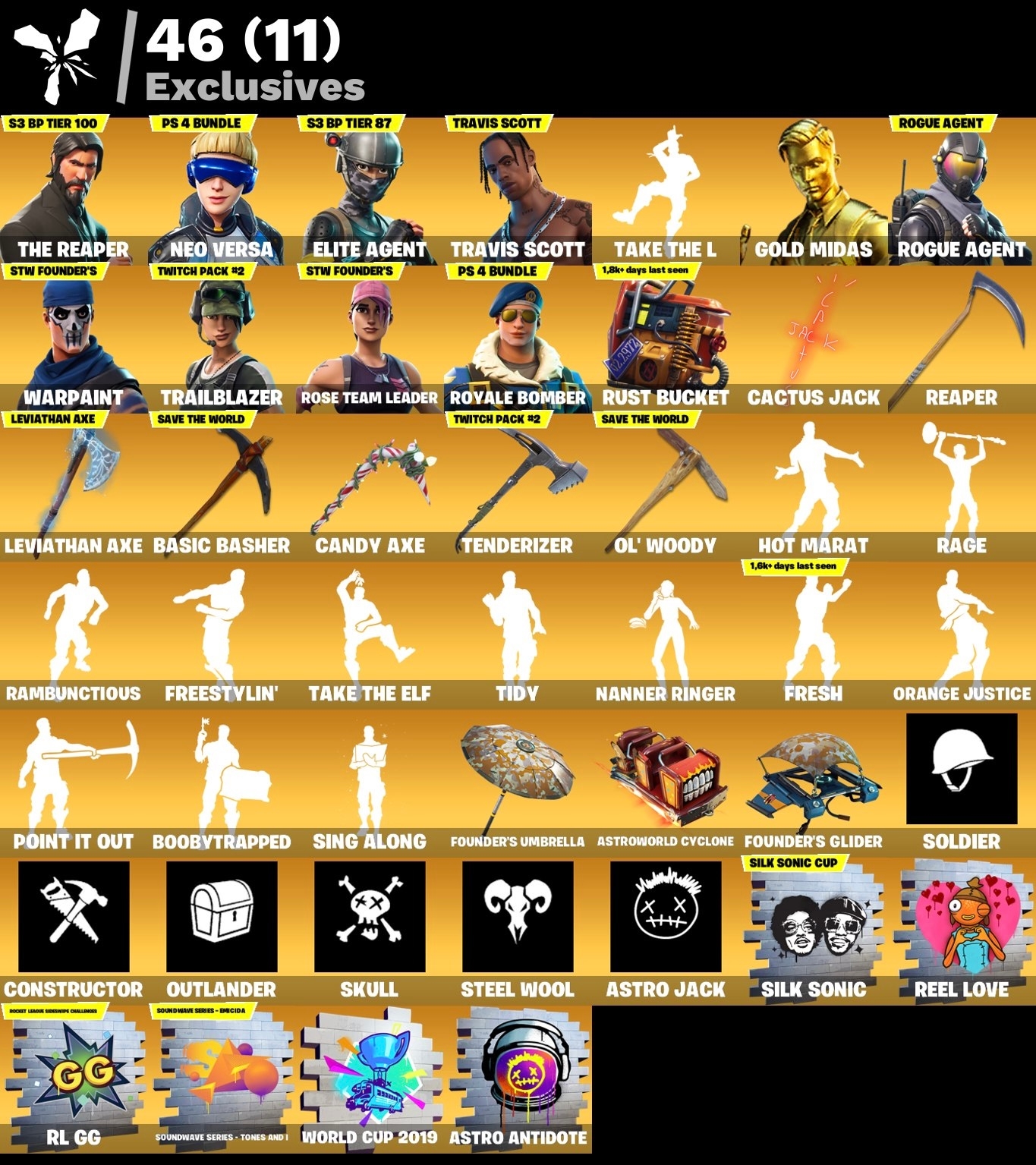 Fortnite Account - Travis Scott - Leviathan Spitzhacke - S3 Battlepass - Royale Bomber - Fresh Tanz - 137 Skins