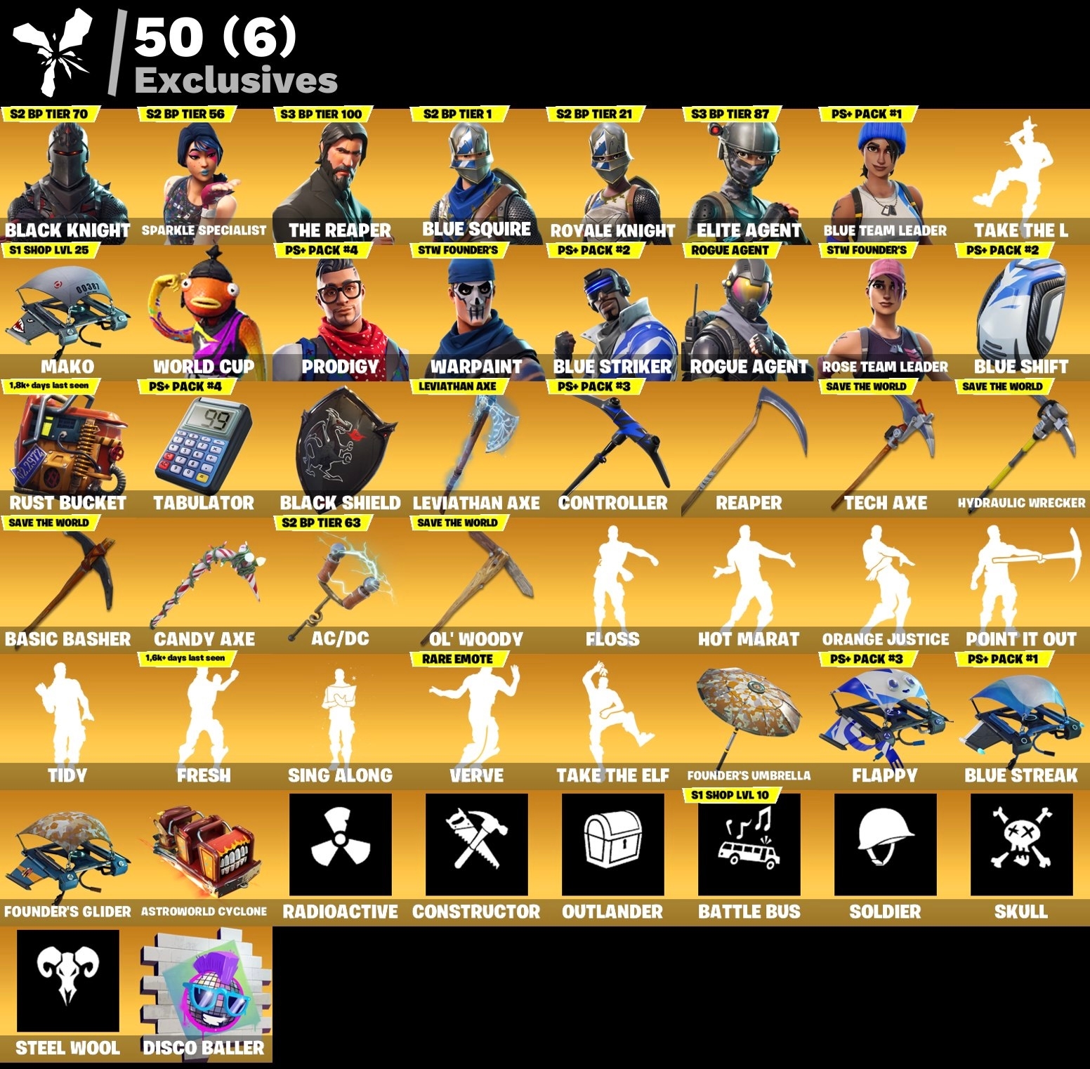Fortnite Account - Black Knight - Leviathan Pickaxe - S3 Battle Pass - Mako - 137 Skins