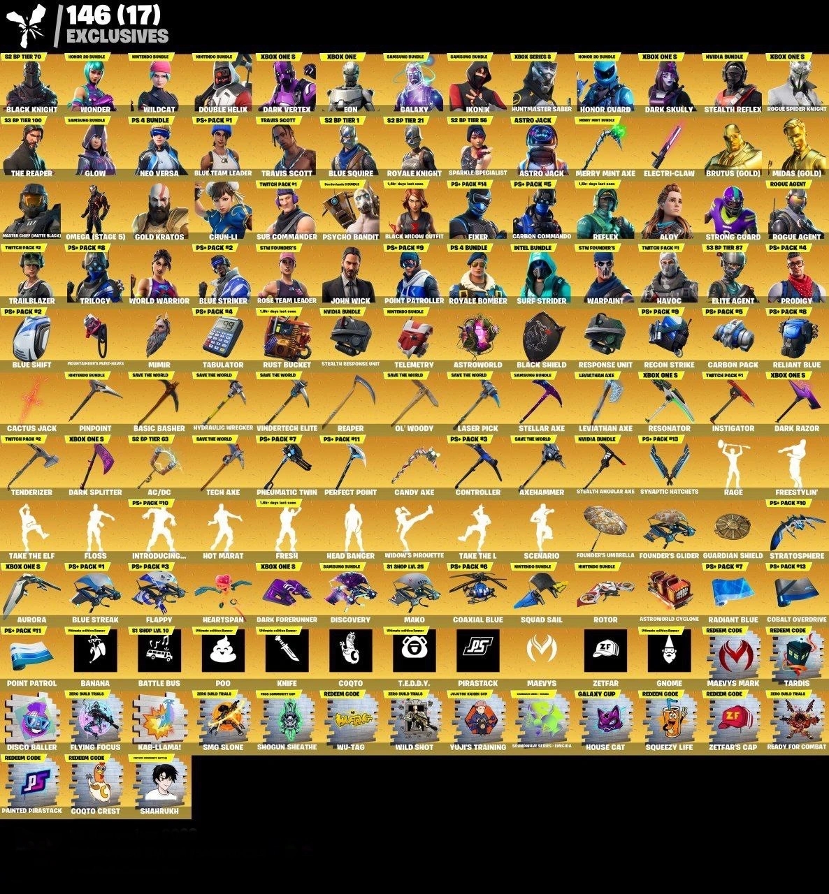 Fortnite Account - Schwarzer Ritter - Travis Scott - Galaxy - Wildcat - Leviathan Axe - 561 Skins