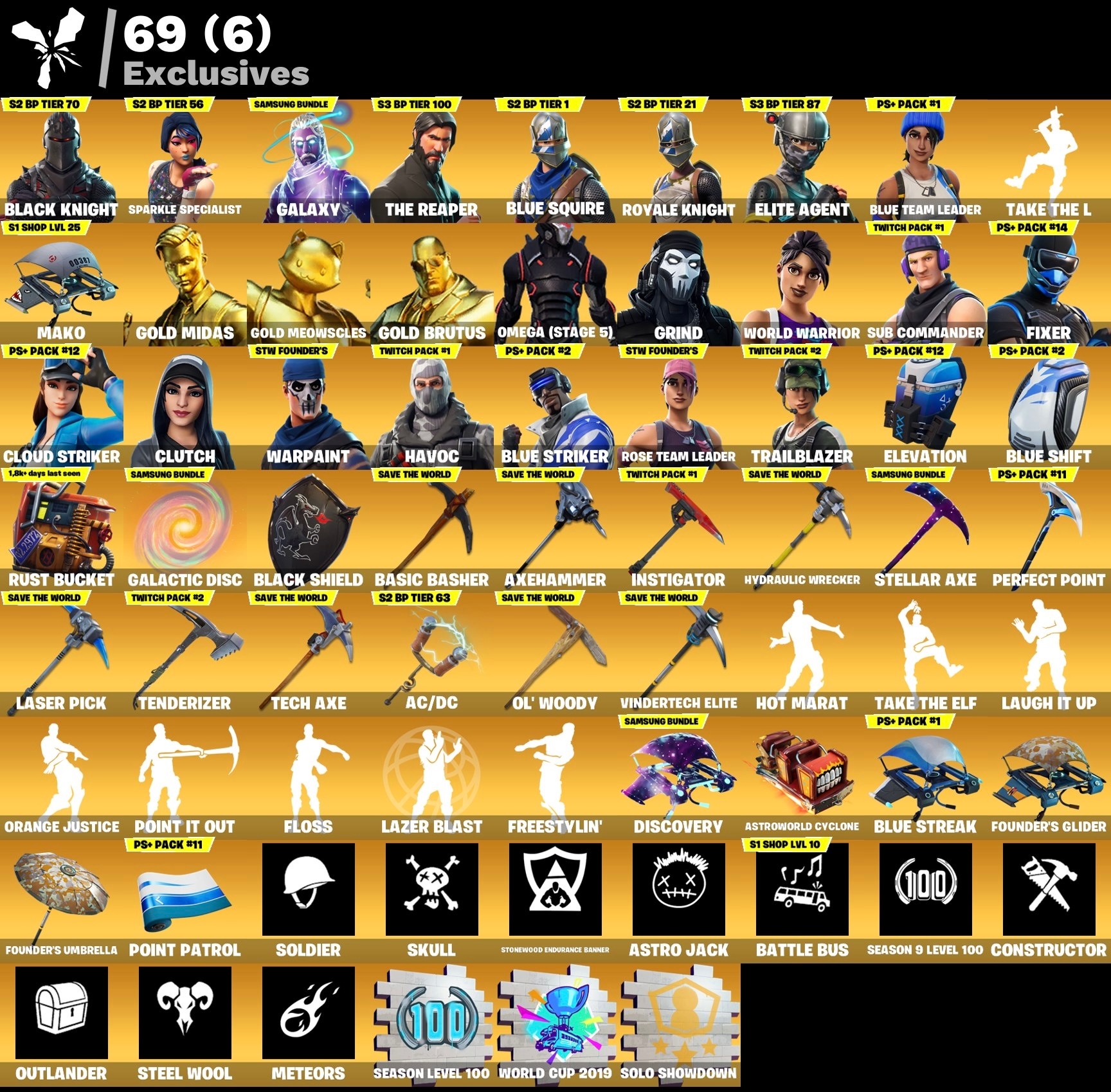 Fortnite Account - Black Knight - Galaxy - S3 Battle Pass - Battle Bus Banner - Mako - 135 Skins