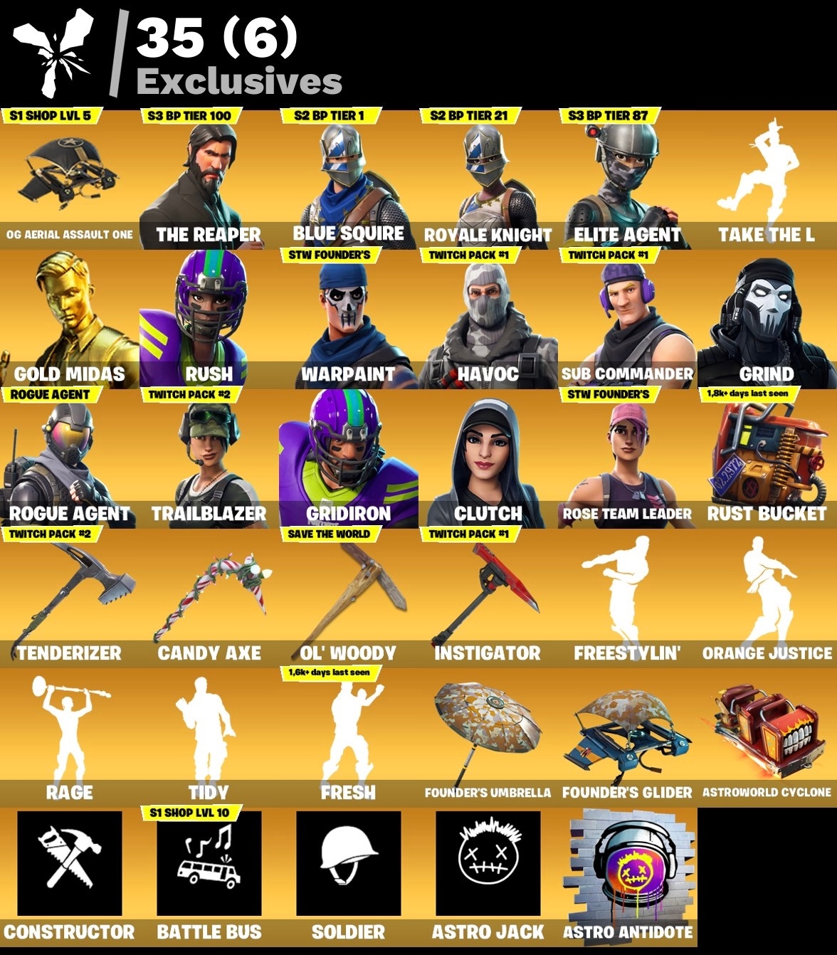 Fortnite Account - OG Aeriel Assault One - Royale Knight - S3 Battelpass - Battle Bus Banner - Fresh Dance - 110 Skins