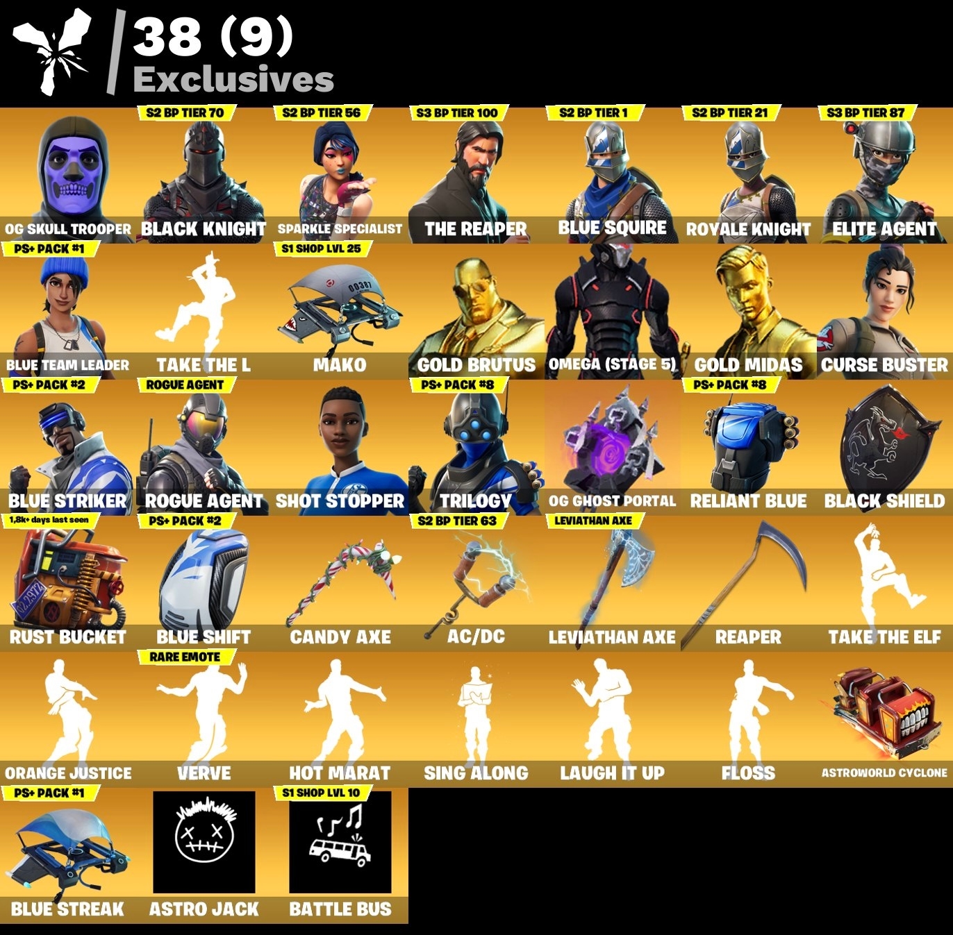 Fortnite Account - OG Skull Trooper - Black Knight - S3 Battelpass - Leviathan Axe - Battle Bus Banner - 139 Skins