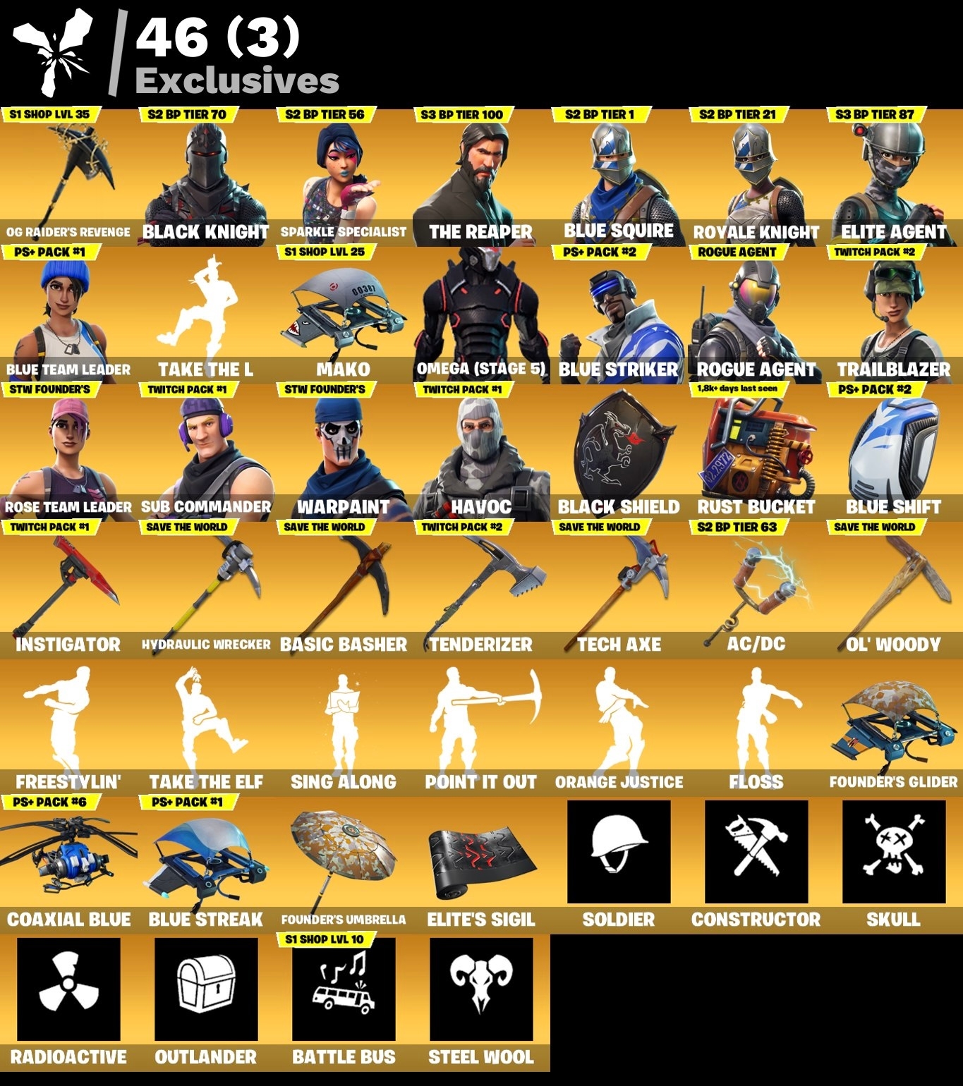 Fortnite Account - Schwarzer Ritter - OG Raiders Revenge Spitzhacke - S3 Battle Pass - Point It Out Emote - Mako - 98 Skins