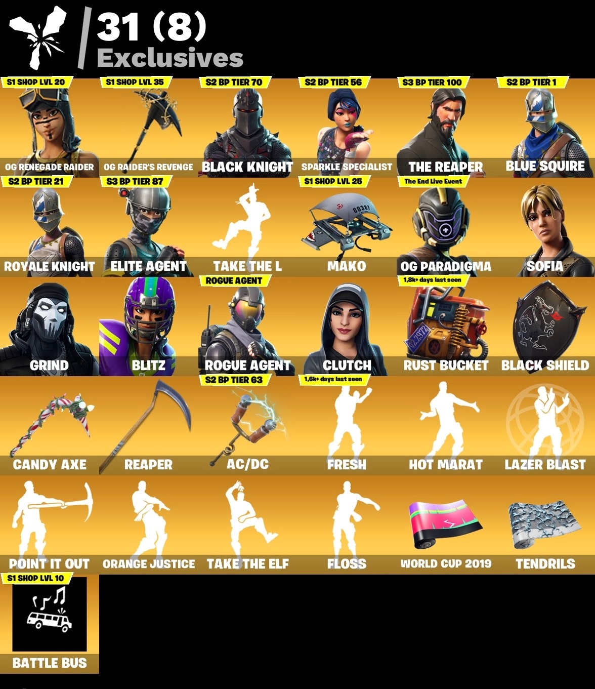 Fortnite Account - OG Renegade Raider - OG Raiders Revenge Spitzhacke - Schwarzer Ritter - S3 Battle Pass - Battle Bus Banner - Mako - 213 Skins