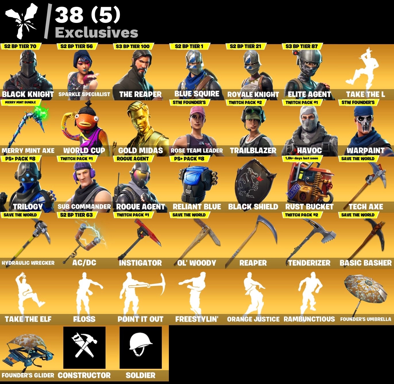 Fortnite Account - Black Knight - Merry Minty Spitzhacke - S3 Battelpass - Mako Gleiter - Battel Bus Banner - 128 Skins