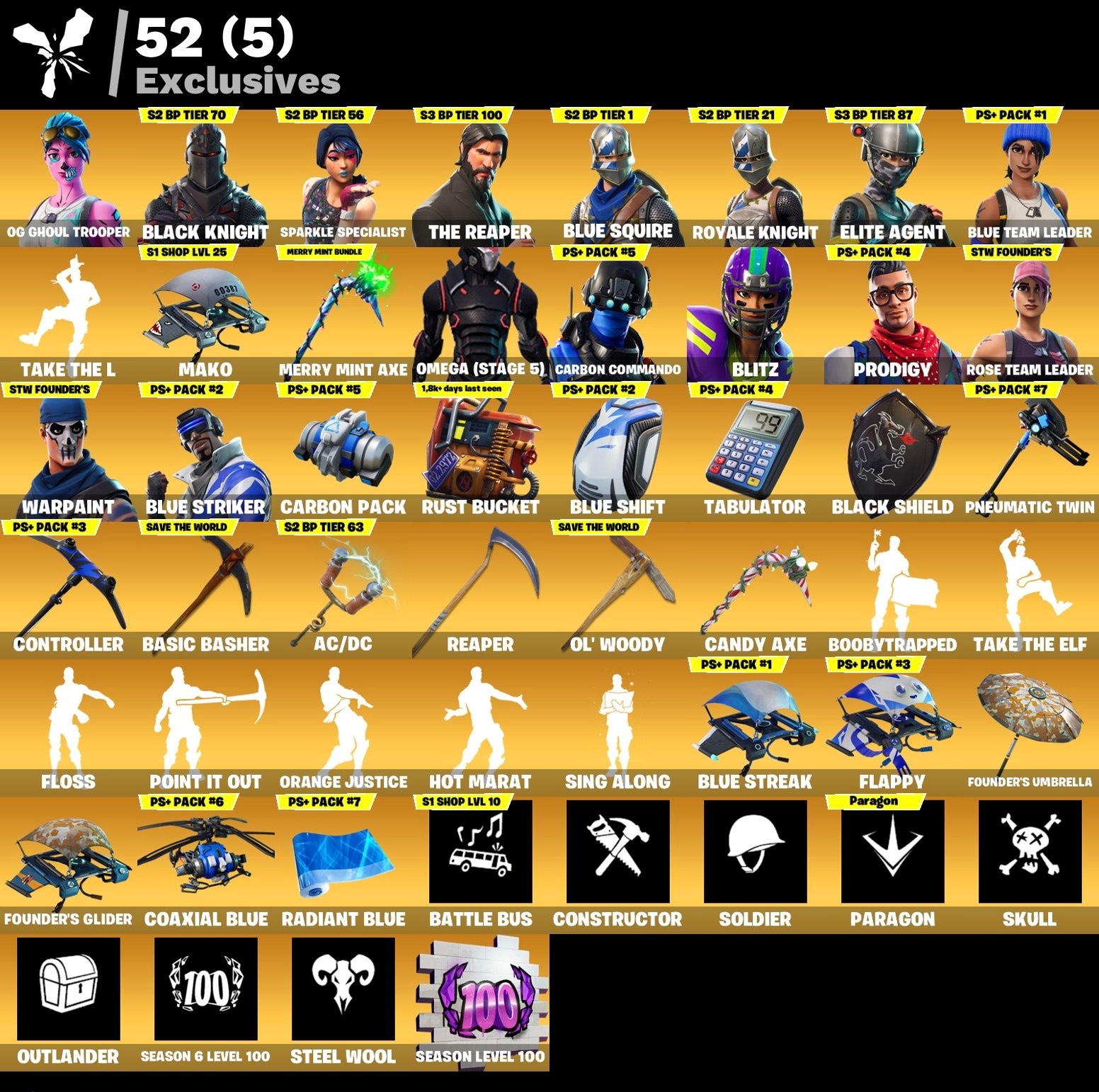Fortnite Account - OG Ghoul Trooper - Schwarzer Ritter - Merry Mint Spitzhacke - S3 Battle Pass - Battle Bus Banner - Mako - 244 Skins