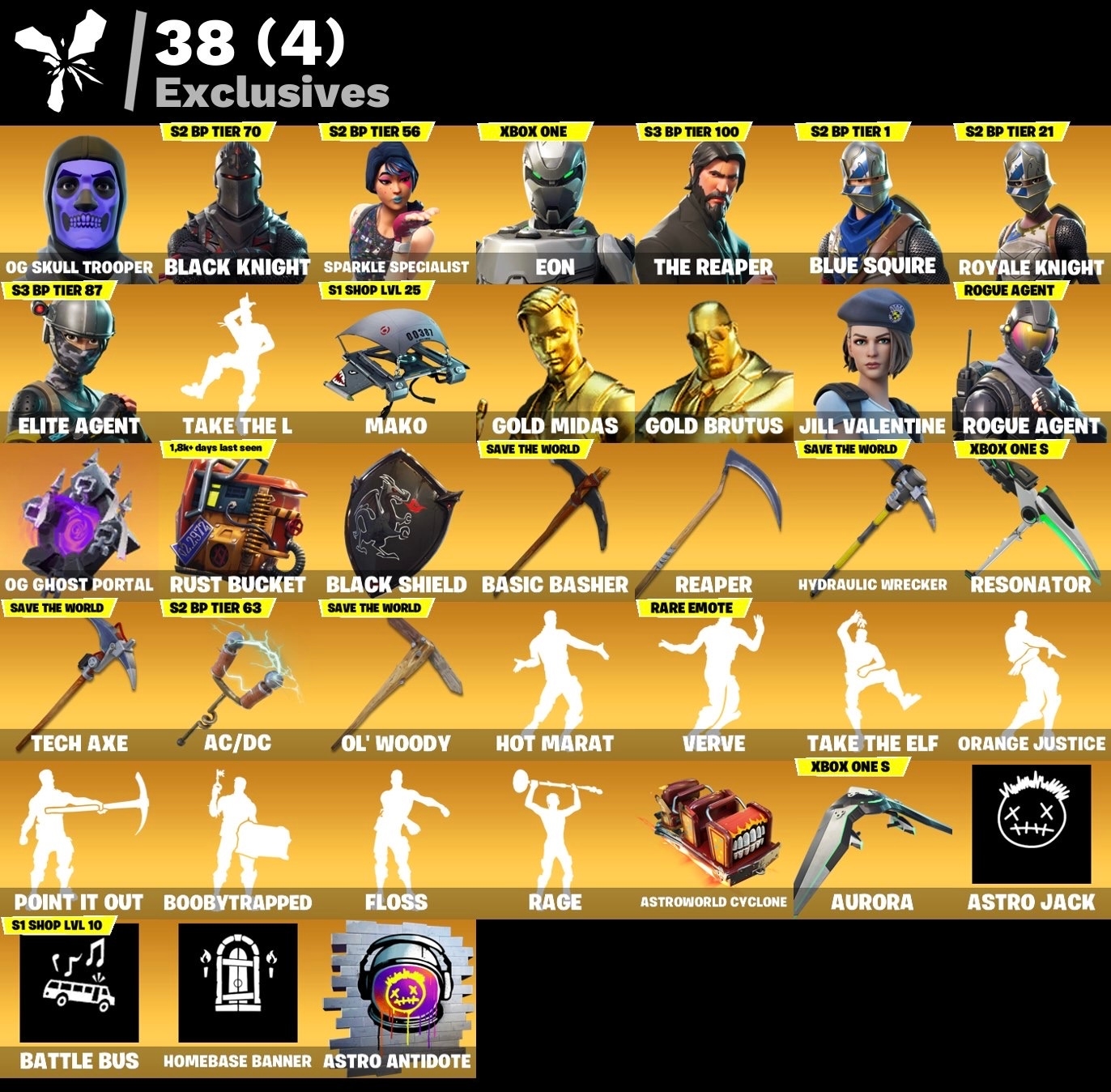 Fortnite Account - OG Skull Trooper - Black Knight - Eon - S3 Battelpass - Battle Bus Banner - 127 Skins
